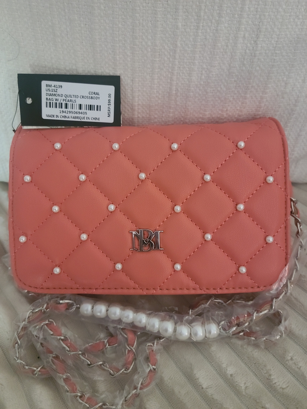 Badgley Mischka Coral Quilted Crossbody with Pearl Accents